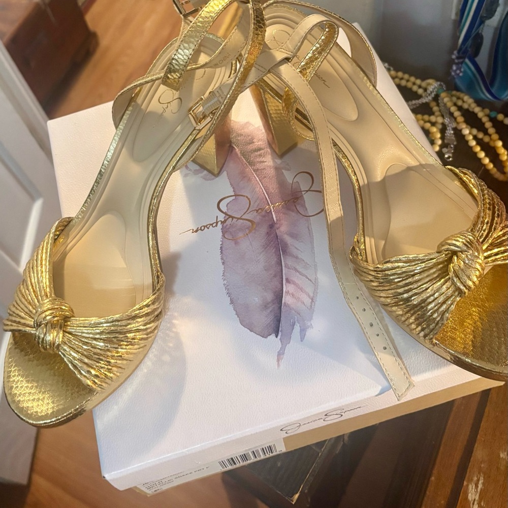 Jessica Simpson Metallic Gold Knot-Front Heeled Sandals - Picture 2 of 9